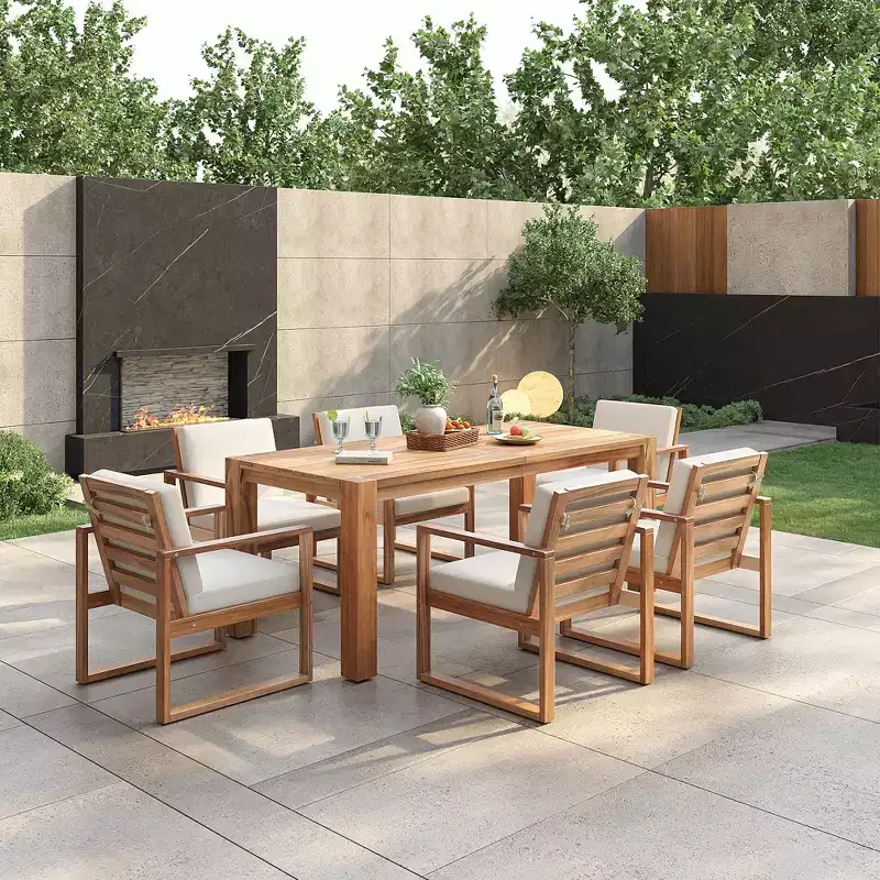 Whisen 7 Piece Acacia Wood Patio Dining Sets Outdoor Dining Set - Seats 6 with Removable Cushions, Outdoor Furniture Set with Umbrella Hole