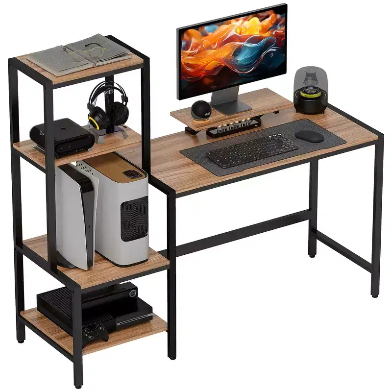 Computer Desk with Monitor Stand, 4-Tier Reversible Home Office Desk with Printer Shelf or CPU Stand, Industrial Writing Desk, Brown