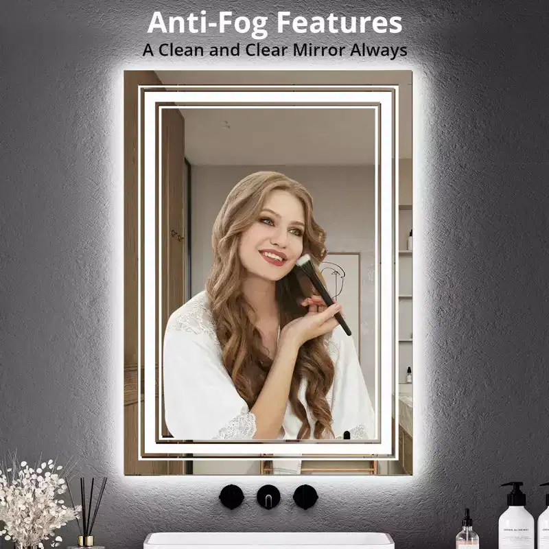Large Bathroom Mirror with LED Lights, LED Vanity Mirror for Bathroom, 3 Adjustable Colors of Lights, Anti-Fog, Backlit + Front Lit, Stepless Dimming