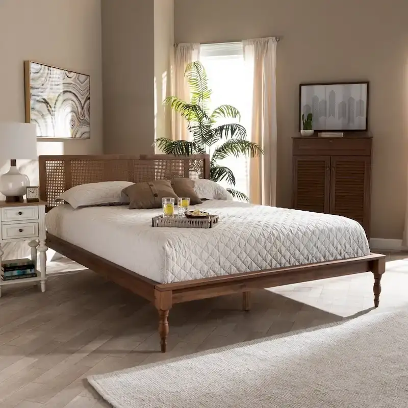 Wood & Synthetic Rattan Platform Bed | Bohemian Style | No Box Spring Needed