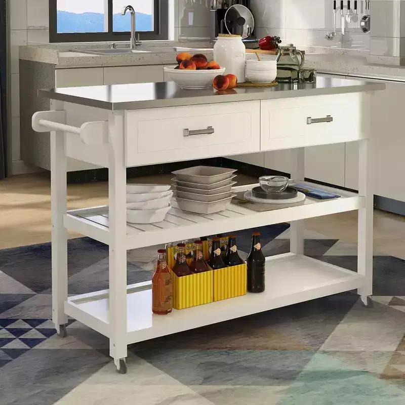 Okak Kitchen Island Table with Stainless Steel Tabletop, Kitchen Cart with 2 Drawers and 2 Open Shelves, Countertop Organizer for Kitchen, White