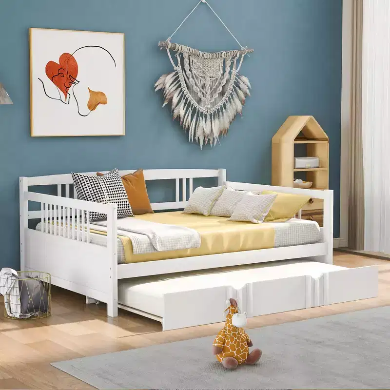 Full Size Wood Daybed with Twin Size Trundle, Space Saving Sofa Bed for Guest Room or Bedroom, White