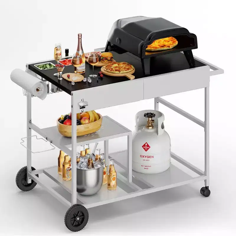 Celebalcony Pizza Oven Cart with Topping Station, Outdoor Grill Table Kitchen Island with Storage for Ninja Blackstone Griddle etc Grill, Silver