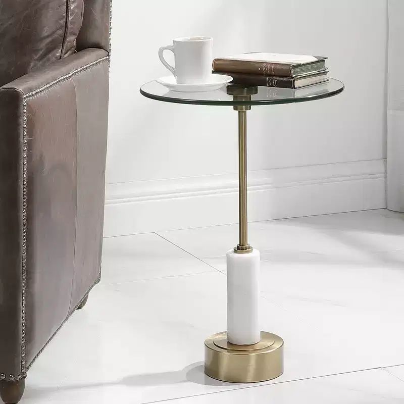 Uttermost Modern Brushed Brass Round Accent Table 15 3/4 Wide Gold Glass Tabletop for Living Room Bedroom Bedside Entryway House