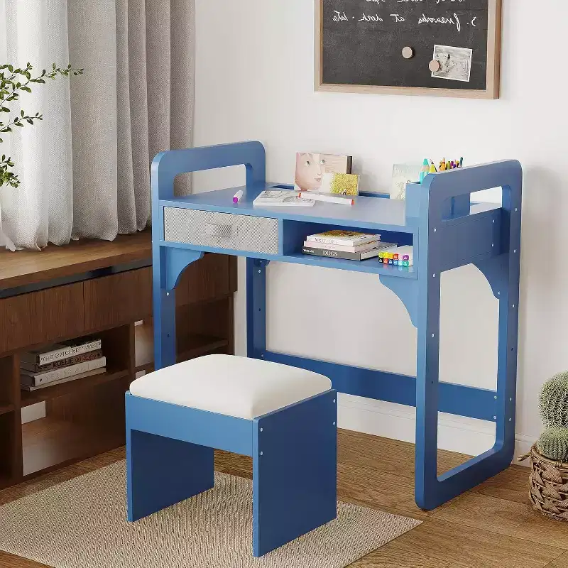 Kids Desk and Chair Set - Wooden Student Study Table with Fabric Drawer, Pen Holders & Padded Stool for Bedroom, Playroom & Living Room