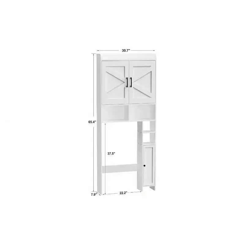 Over Toilet Storage Cabinet with 2 Barn Doors and Holder Stand White Free Standing Bathroom Shelf Space Saver Restroom Laundry
