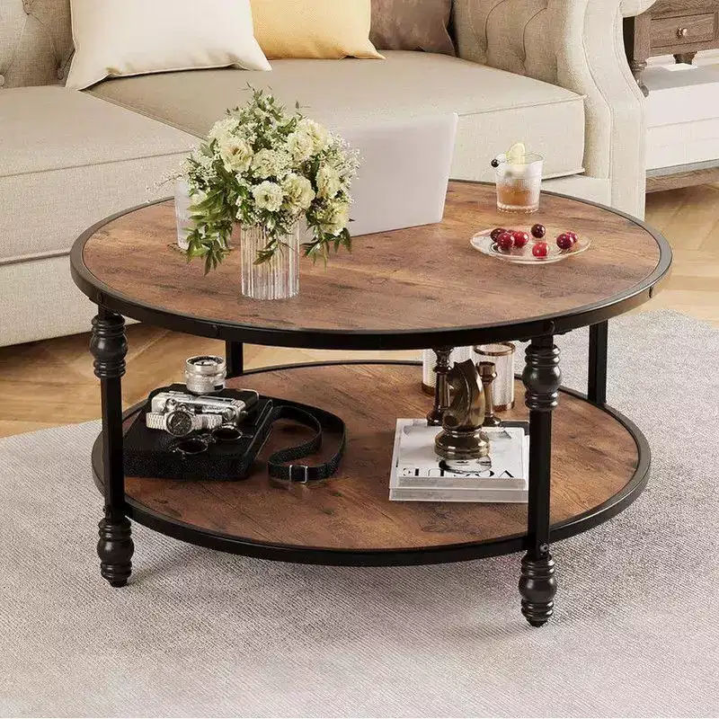 Round Coffee Table for Living Room Rustic Center Table with Storage Shelf Wood Circle Coffee Table with Sturdy Metal Legs