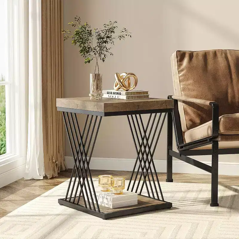 2-Tier Square End Table / Side Table – Marble Veneer, Cross-Bar Design