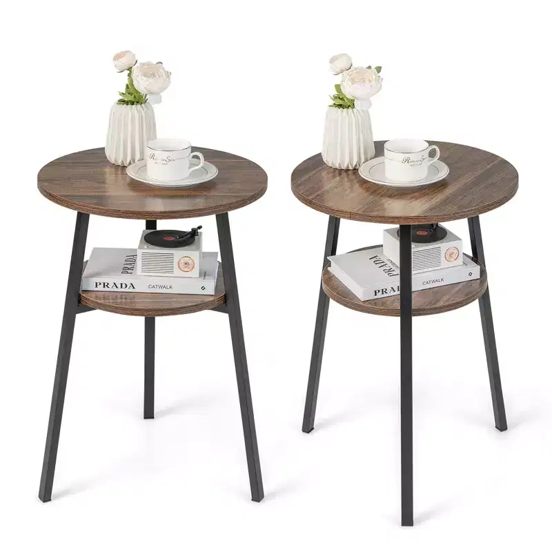 Costway 2PCS 2-Tier Bedside End Table Round Nightstand for Bedroom Living Room Brown/Walnut