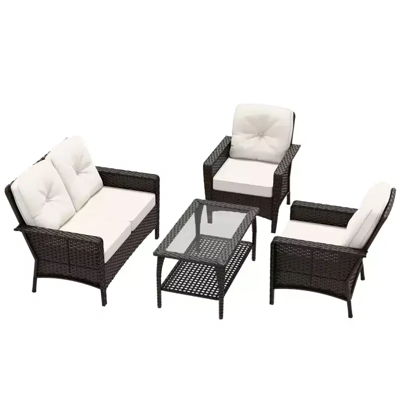 EAGLE PEAK 4 Piece Patio Rattan Furniture Conversation Set, Wicker Outdoor Couch and Chairs Set with Coffee Table