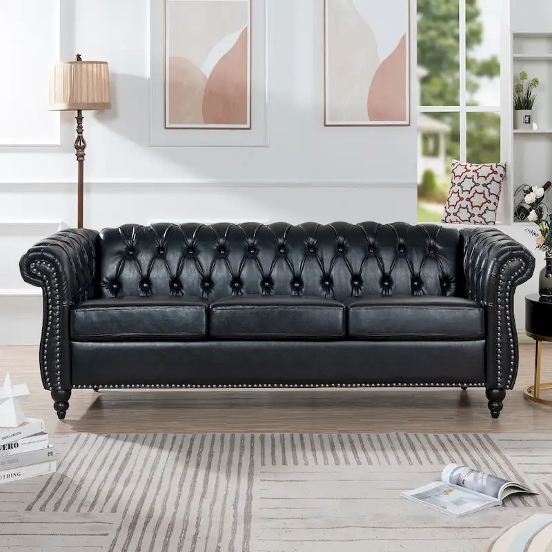 Classically Elegant 84.65 Three-Seater Rolled Arm Chesterfield Sofa in PU Leather - Sturdy Birch Legs, Soft Upholstery