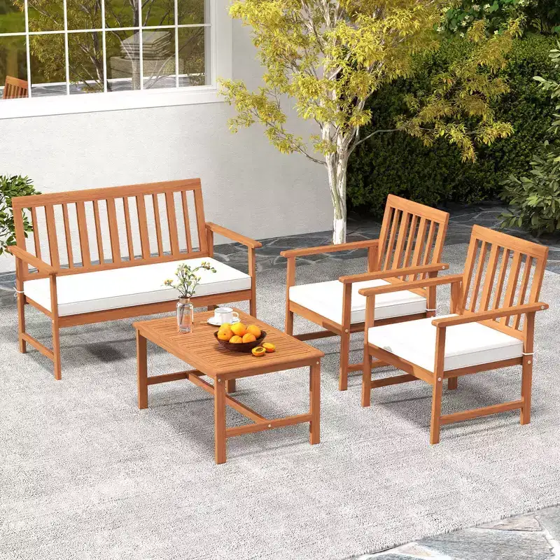 Costway 4/8 PCS Acacia Wood Furniture Set Coffee Table & 2 Armchairs with Seat Cushions