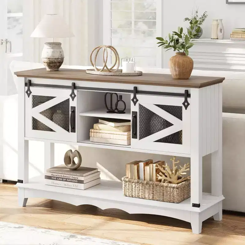 Farmhouse Entryway Table with Storage, White Console Table with Sliding Barn Doors, Wooden Sofa Table with Cabinet for Entryway & Living Room