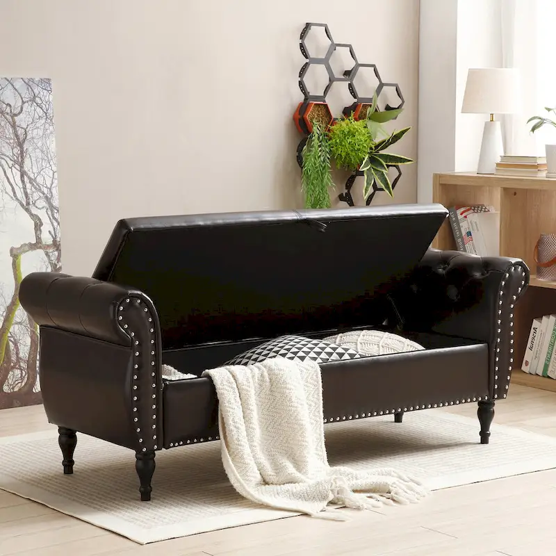 63 PU End of Bed Bench Flip Top Entryway Ottoman with 1 Pillow