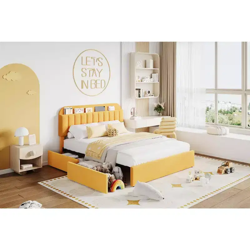 Full Size Platform Bed Frame,Kids Bed Frame with Storage Headboard, 2 Rolling Drawers, Noise Free Bedframe, No Box Spring Needed,Yellow