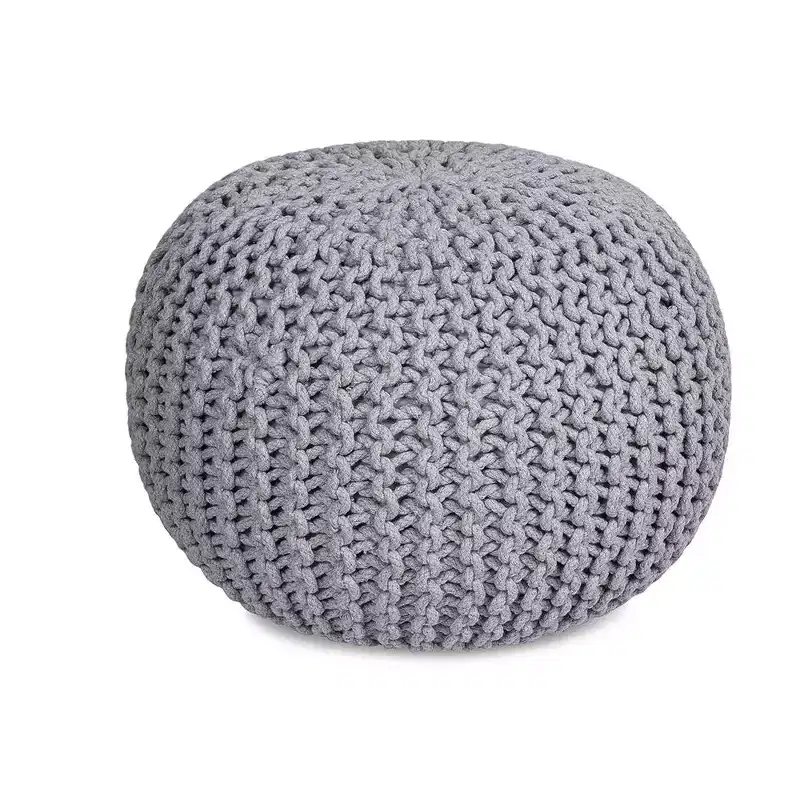 Light Grey Round Knitted Pouf Ottoman, 1-Person