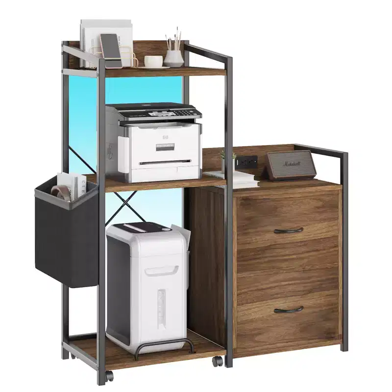 2-Drawer File Cabinet C Letter/Legal/A4 Size, with Power Strip, LED Lights & Open Shelf for Home Office, Printer & Shredder Storage