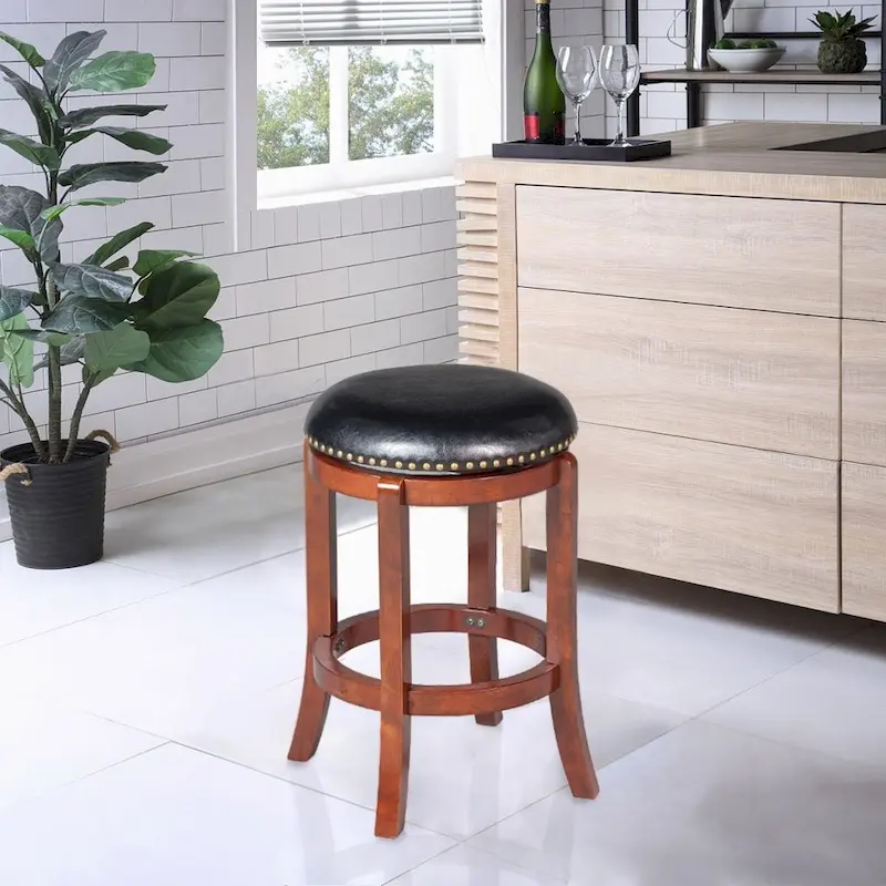 Black Swivel Counter Height Bar Stool, Faux Leather, Nailhead Trim
