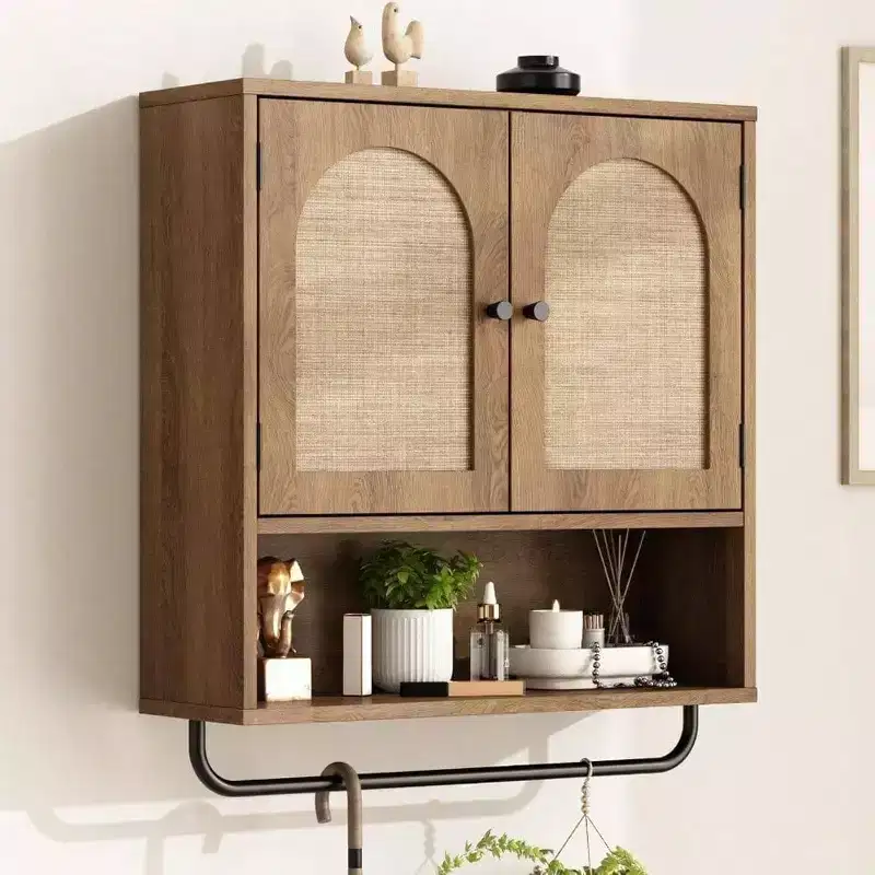 Rattan Bathroom Wall Cabinet, Boho Style with 2 Arched Doors, Farmhouse Over Toilet Storage with Adjustable Shelves and Towel Bar
