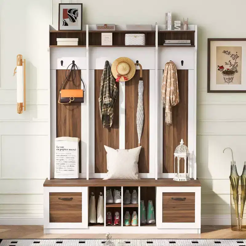 5-In-1 Coat Rack with 7 Sturdy Hooks and 2 Spacious Drawers, Wide Hall Tree with Adjustable Shelves and Metal Handles for Hallway, Brown+White
