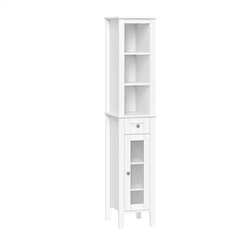 Tall Bathroom Storage Linen Cabinet and Organizer with Drawer, Glass Door, and Shelves - White