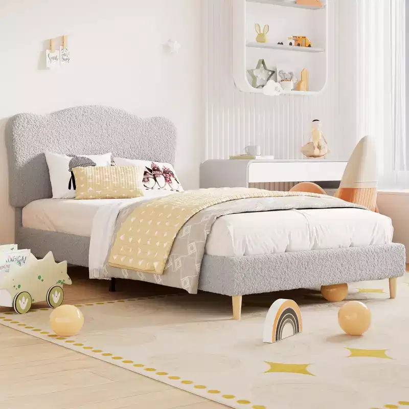 Upholstered Platform Bed Frame for Kids - Cute soft or Boucle Headboard - Sturdy Wooden Slats Support - Noise-Free, No Box Spring Needed