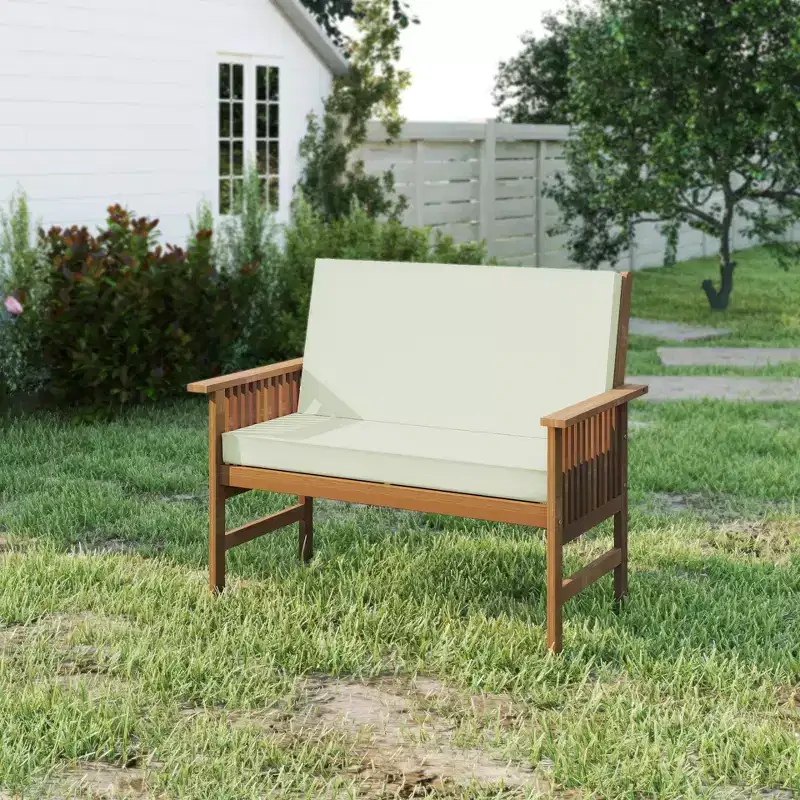 HOMLUX Patio Solid Wood Garden Bench 2-Seat Chair with Seat Cushion & Inclined Backrest