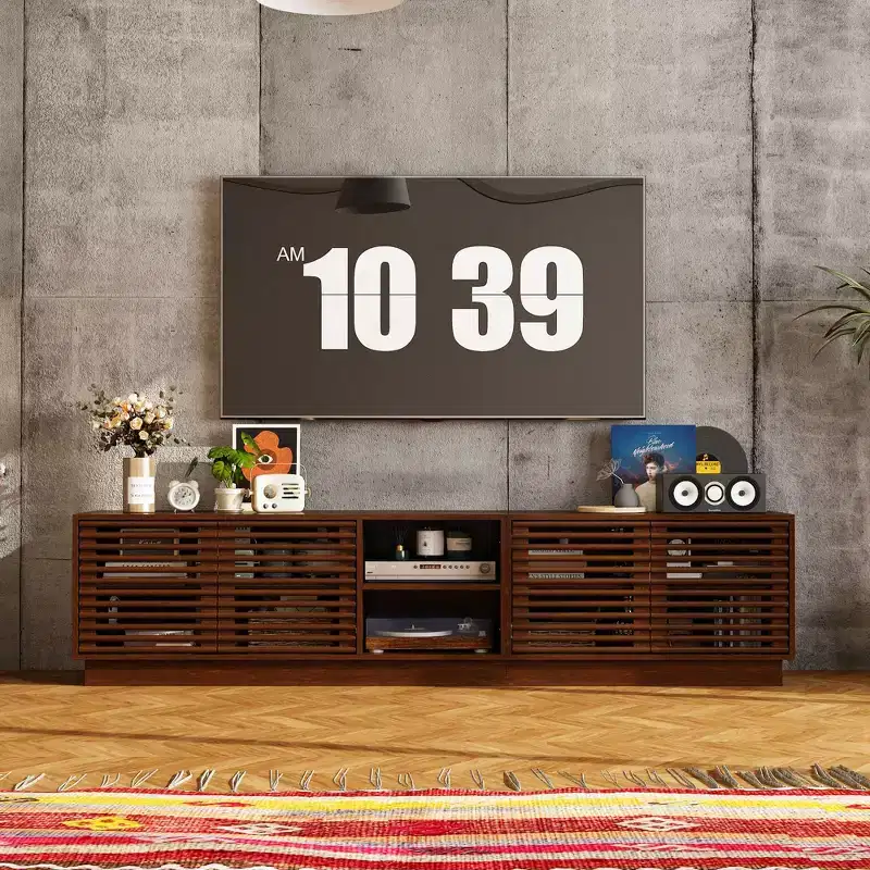Rustic Brown Slatted-Door TV Stand Entertainment Center with Ample Storage