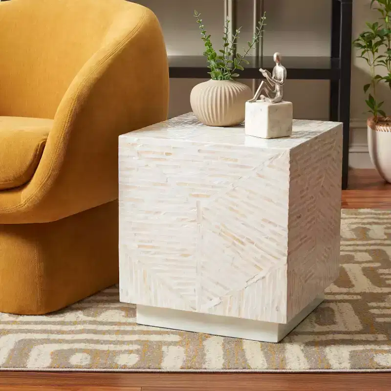 Square Accent Stool with Faux Mother of Pearl Finish