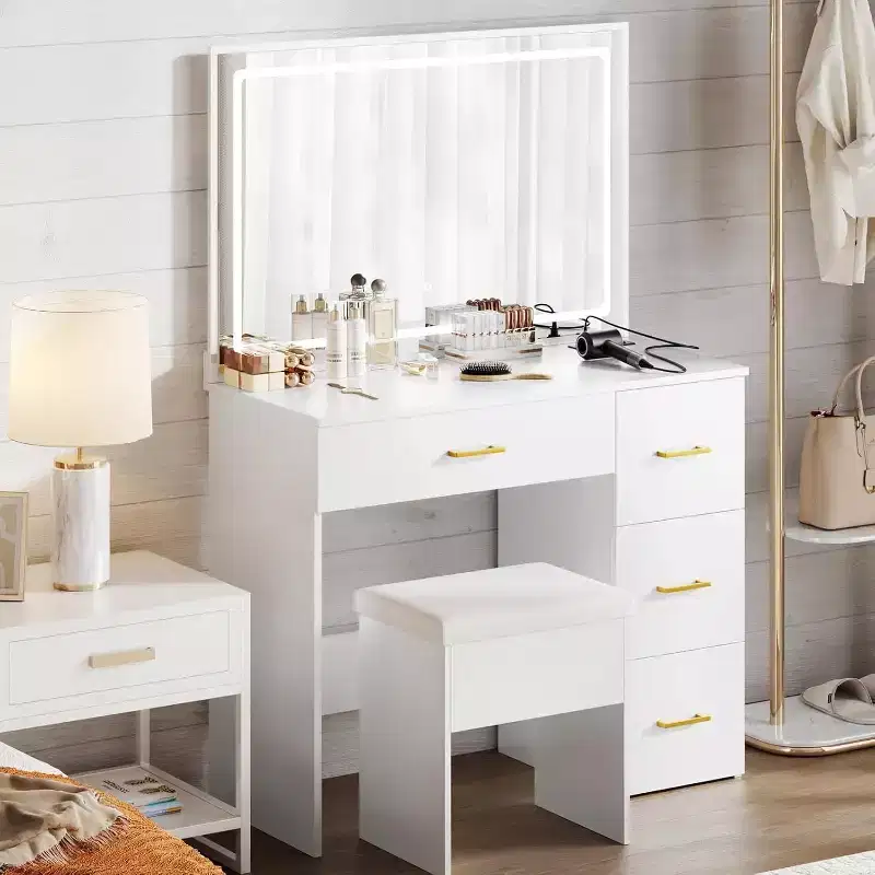 WAYES Makeup Vanity Set with LED Mirror, Charging Station, 4 Drawers & Storage Stool - 3-Foot Bedroom Vanity Desk, Modern White