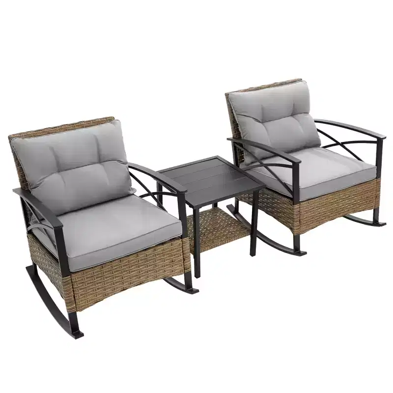 Zeus & Ruta 3-Piece Outdoor Rattan Rocking Chair Set, Patio Leisure Chairs with Cushions, Gray