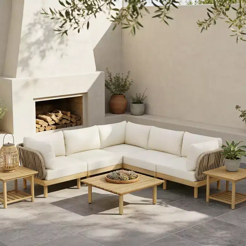 Christopher Knight Home Mason Modern 6-Piece Acacia Wood and Rope L-Shaped Modular Sectional Sofa Set with Coffee Table