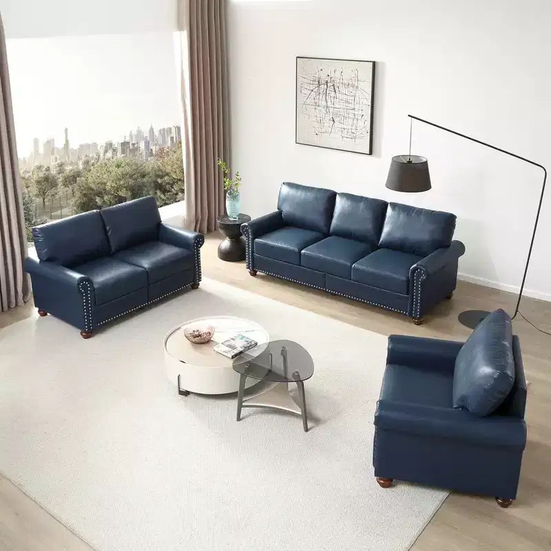MAYEERTY 3 Pieces Sectional Faux Leather Sofa with Storage Silver Nails for Living Room Navy Blue