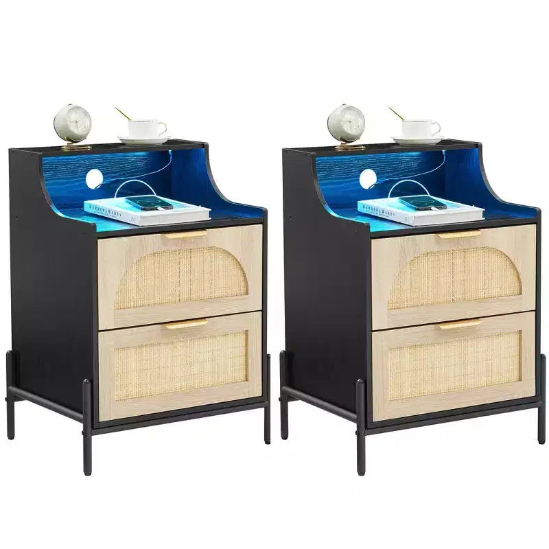 Wooden Nightstand Set of 2, Rattan Nightstand with Charging Station, USB Ports & Outlets, Modern Bedside Table with Rattan Drawer