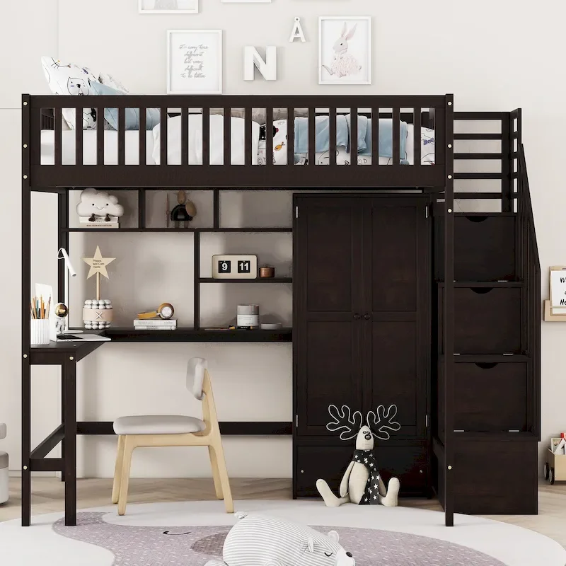 Black / Grey / White Full Size Wood Loft Bed with Desk, Bookshelf & Wardrobe – 1 Person