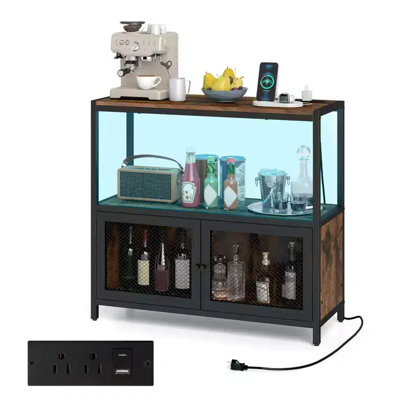 Coffee Bar Cabinet with LED Lights, Industrial Buffet Sideboard with Charging Station