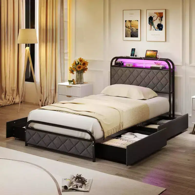 Costway Twin/Full/Queen Size Bed Frame with LED Lights & Charging Station Storage Headboard Black