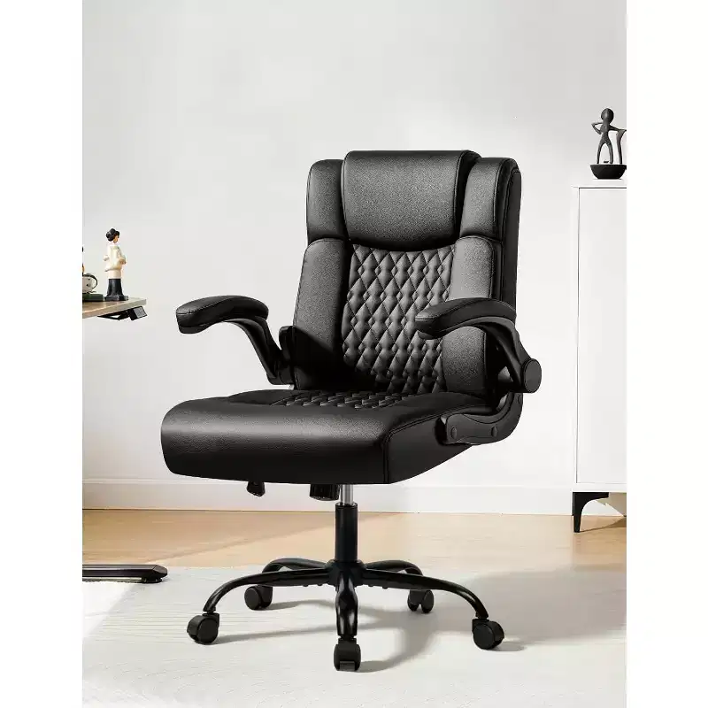 BALHAM TRADE-Ergonomic PU Leather Office Chair with Flip-up Arms and Smooth Rolling Wheels for Home Workspace