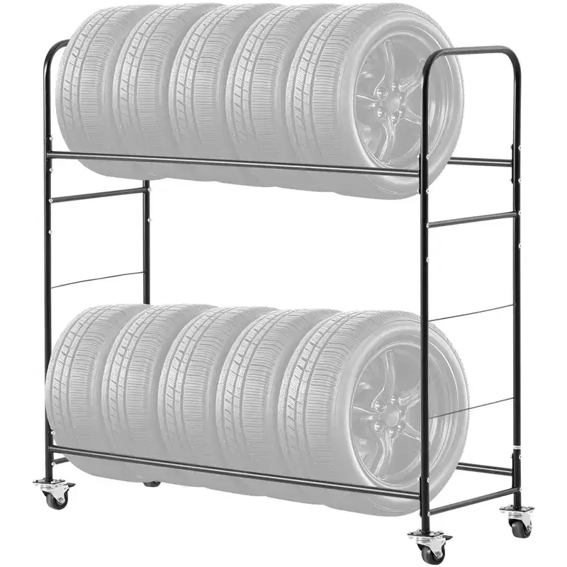 VEVOR Rolling Tire Storage Rack, 2-Shelf Tire Holder and Transport Trailer for Garage, Heavy-Duty Steel Tire Storage Cart with Wheel, Black
