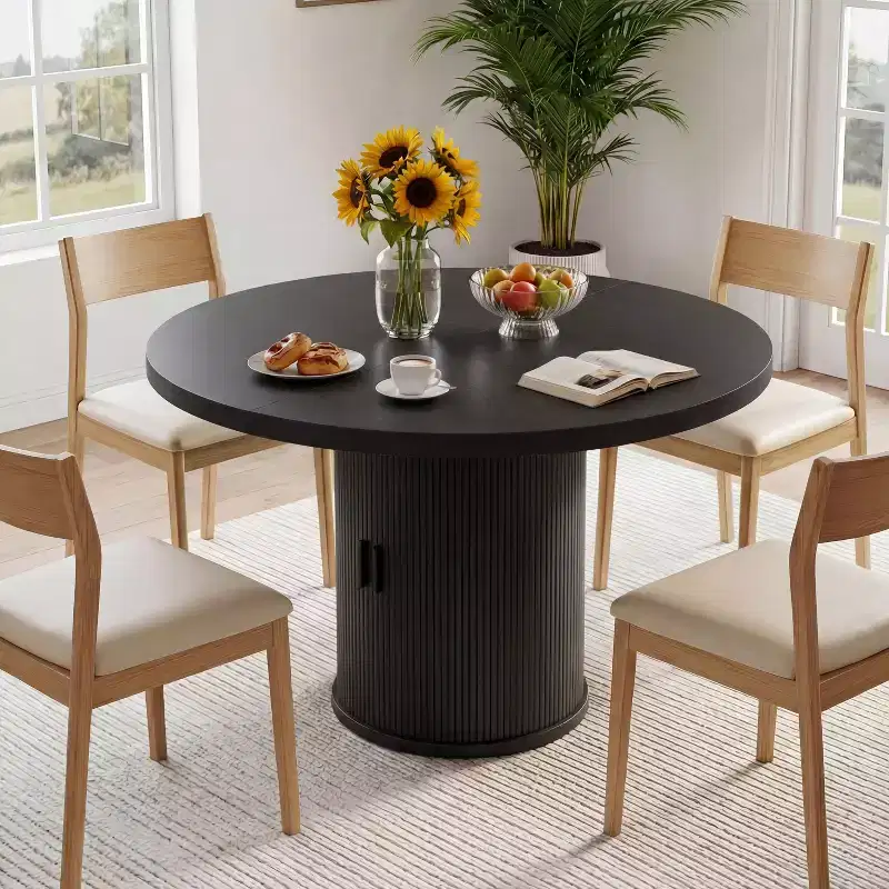 Dyonery 35.43-inch Round Wood Dining Table, Grooved Kitchen Dining Table, Round Dining Table with Storage Base, Round