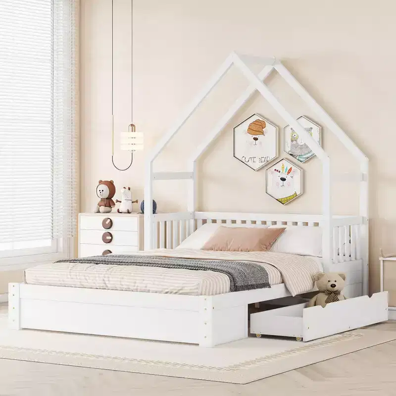 FAMYYT Queen Size Wood Bed?With Guardrail, 2 Drawers, Easy Assembly