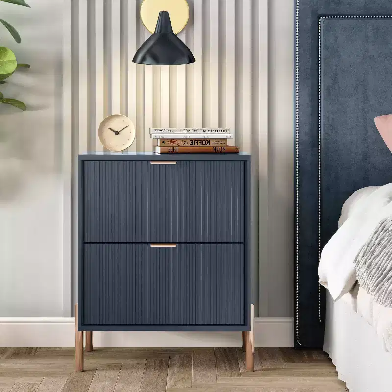 Festivo 2 Drawer Nightstand Navy: Modern Scandinavian Design, Rose Gold Accents, MDF Wood, 26" Height