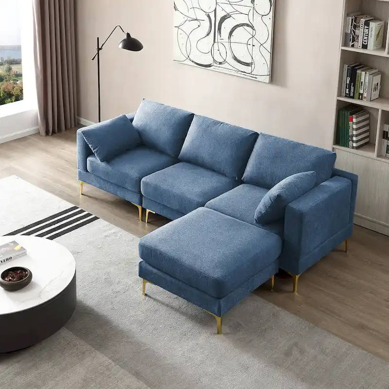 Christopher Knight Home - Beige L-Shape Sectional Sofa with Gold Metal Legs and Ottoman