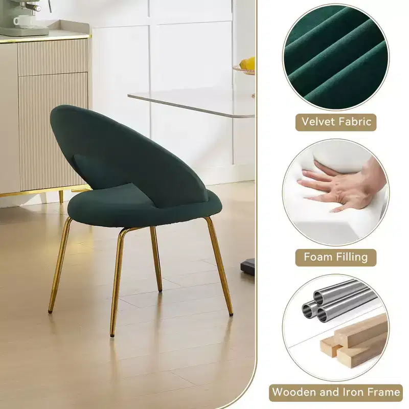 Set of 1 Velvet Fabric Dining Chairs With Curved Backrest and Golden Metal Legs for Kitchen or Dining Room ,White