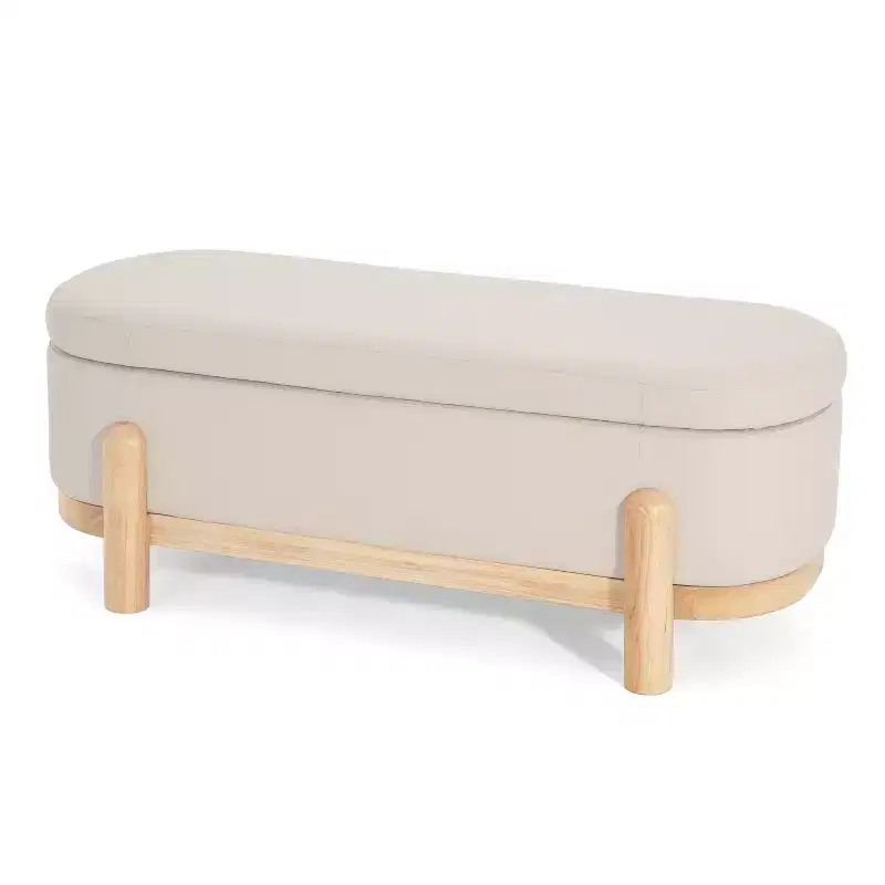 Modern Upholstered Storage Oval Ottoman with Solid Wood Legs