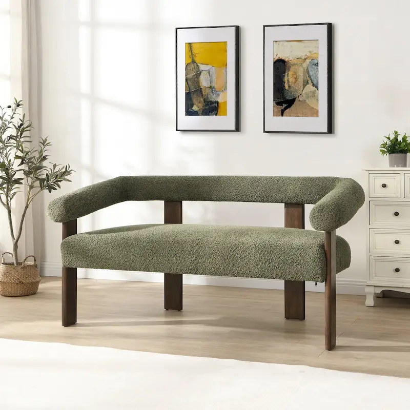 Green+Brown / Beige+Natural / Black+Brown 2-Seat Loveseat, C-Back Round Armrest, Rubberwood Frame