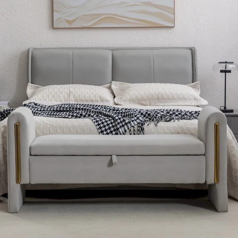Velvet Fabric Storage Bench Bedroom Bench With Gold Metal Trim Strip For Living Room Bedroom Indoor,Light Gray