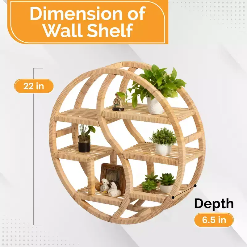 Round Bamboo Wall Shelf with 3-Tier Wooden Display, Boho Circle Hanging Shelf