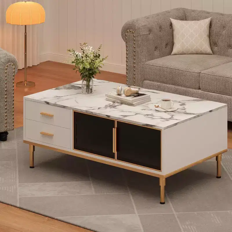 Large Modern Coffee Table with Faux Marble Top, 4 Drawers, Glass Door Storage and Fluted Panel Design