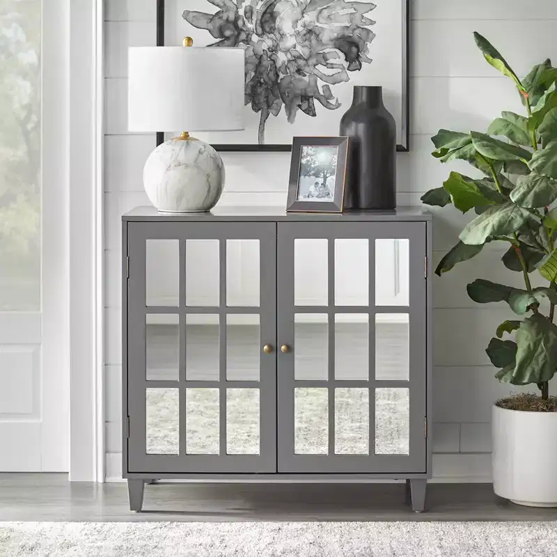 Double Door Cabinet with Mirrored Glass Doors – Charcoal Gray